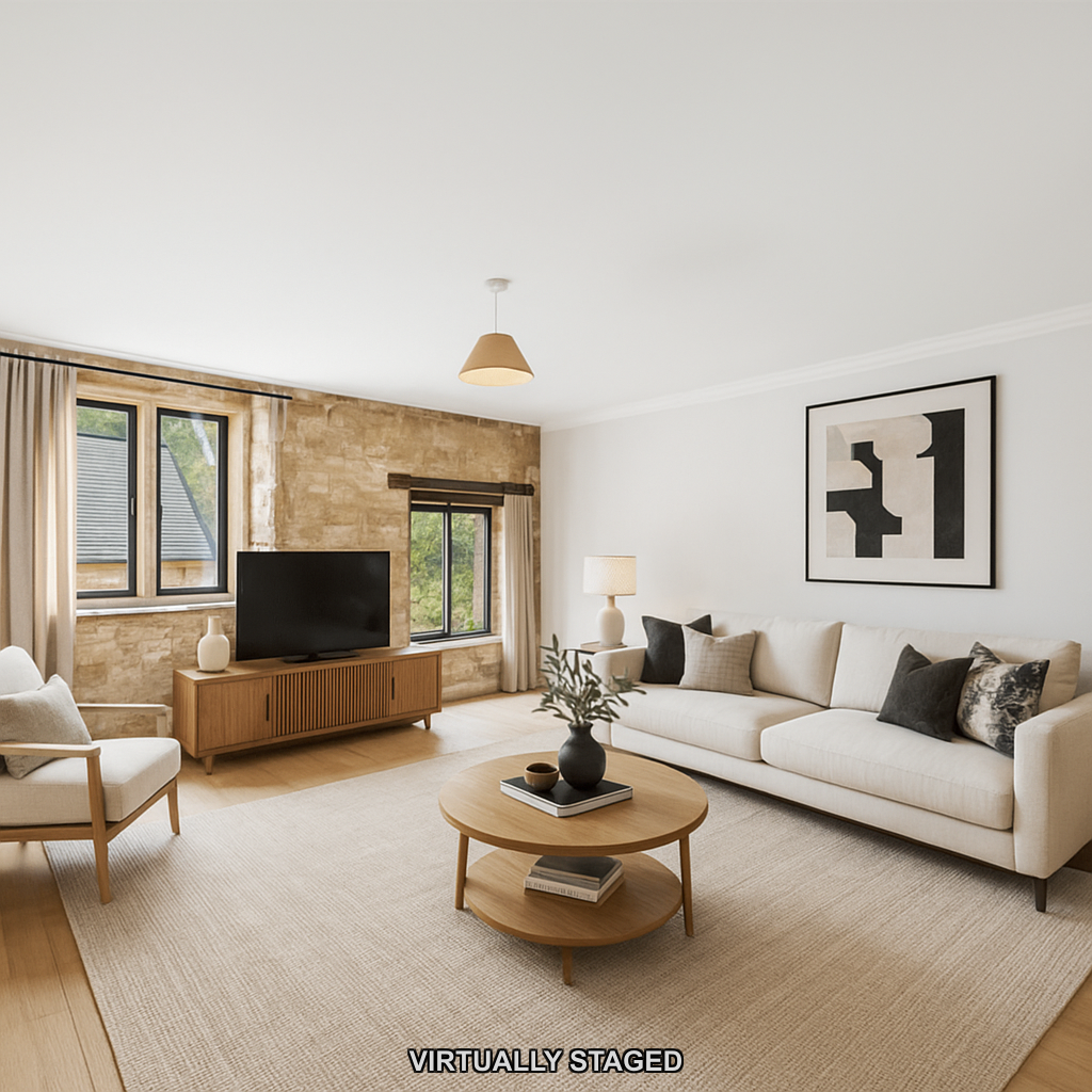 Staged living room with furniture